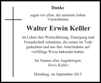 Todesanzeige von Walter Erwin Keßler von saarbruecker_zeitung