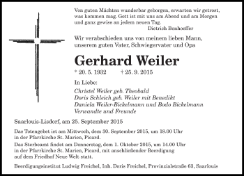 Todesanzeige von Gerhard Weiler von saarbruecker_zeitung