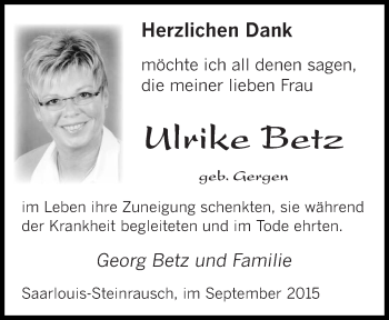 Todesanzeige von Ulrike Betz von saarbruecker_zeitung