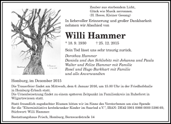 Todesanzeige von Willi Hammer von saarbruecker_zeitung