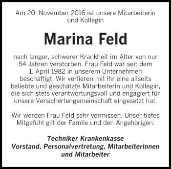 Todesanzeige von Marina Feld von saarbruecker_zeitung