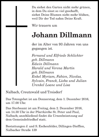 Todesanzeige von Johann Dillmann von saarbruecker_zeitung