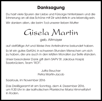 Todesanzeige von Gisela Martin von saarbruecker_zeitung