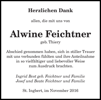 Todesanzeige von Alwine Feichnter von saarbruecker_zeitung