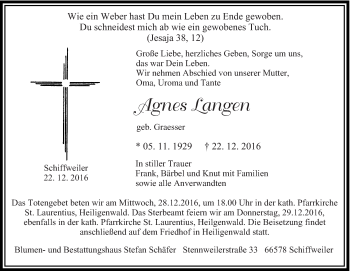 Todesanzeige von Agnes Langen von saarbruecker_zeitung