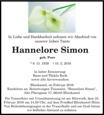 Todesanzeige von Hannelore Simon von saarbruecker_zeitung