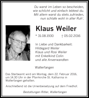 Todesanzeige von Klaus Weiler von saarbruecker_zeitung