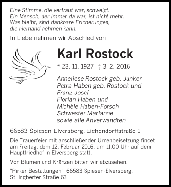 Todesanzeige von Karl Rostock von saarbruecker_zeitung