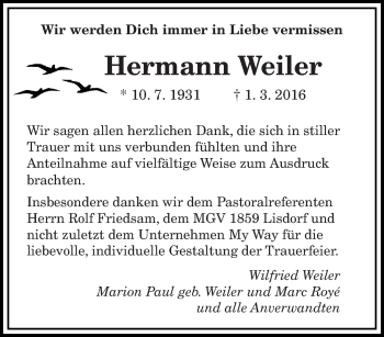 Todesanzeige von Hermann Weiler von saarbruecker_zeitung