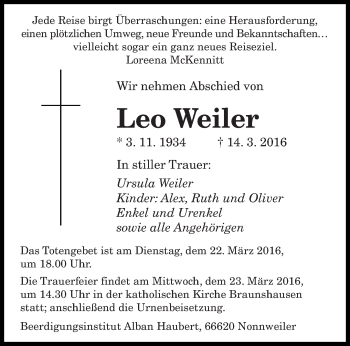 Todesanzeige von Leo Weiler von saarbruecker_zeitung