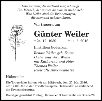 Todesanzeige von Günter Weiler von saarbruecker_zeitung