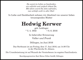 Todesanzeige von Hedwig Kerwer von saarbruecker_zeitung