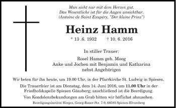 Todesanzeige von Heinz Hamm von saarbruecker_zeitung