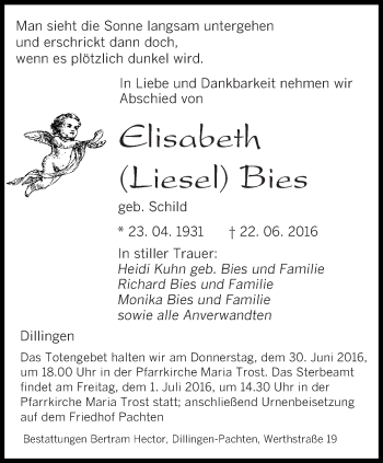 Todesanzeige von Elisabeth Bies von saarbruecker_zeitung