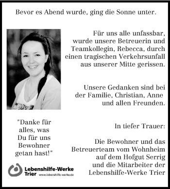 Todesanzeige von Rebecca  von saarbruecker_zeitung