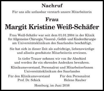Todesanzeige von Margit Kristine Weiß-Schäfer von saarbruecker_zeitung