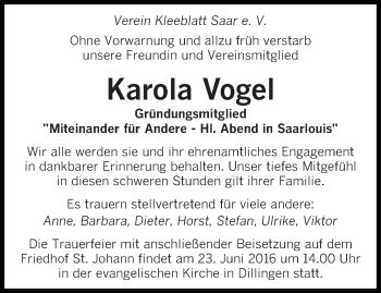 Todesanzeige von Karola Vogel von saarbruecker_zeitung