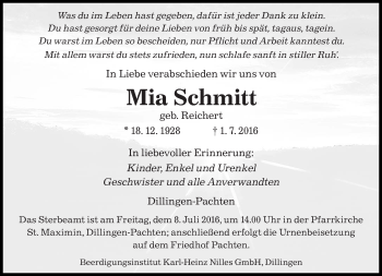 Todesanzeige von Mia Schmitt von saarbruecker_zeitung