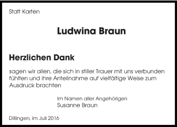 Todesanzeige von Ludwina Braun von saarbruecker_zeitung