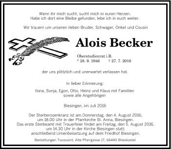 Todesanzeige von Alois Becker von saarbruecker_zeitung