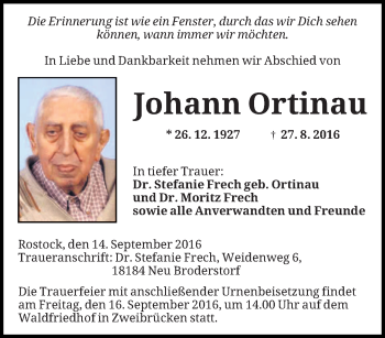 Todesanzeige von Johann Ortinau von saarbruecker_zeitung