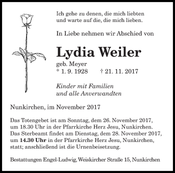 Todesanzeige von Lydia Weiler von saarbruecker_zeitung