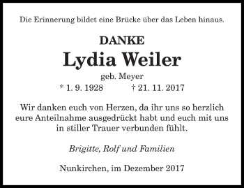 Todesanzeige von Lydia Weiler von saarbruecker_zeitung