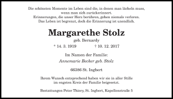 Todesanzeige von Margarethe Stolz von saarbruecker_zeitung