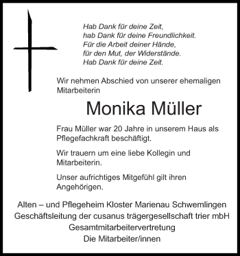 Todesanzeige von Monika Müller von saarbruecker_zeitung