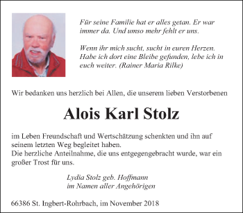 Todesanzeige von Alois Karl Stolz von saarbruecker_zeitung