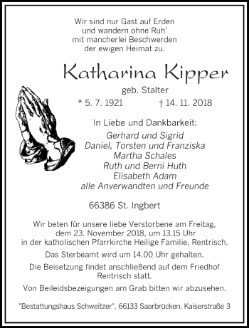 Todesanzeige von Katharina Kipper von saarbruecker_zeitung