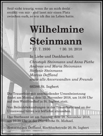 Todesanzeige von Wilhelmine Steinmann von saarbruecker_zeitung