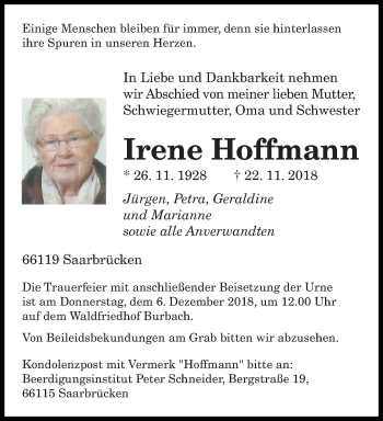 Todesanzeige von Irene Hoffmann von saarbruecker_zeitung