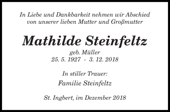 Todesanzeige von Mathilde Steinfeltz von saarbruecker_zeitung