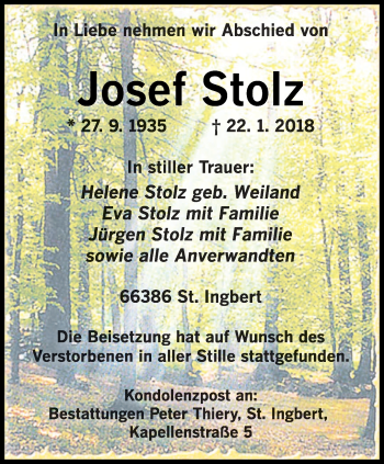 Todesanzeige von Josef Stolz von saarbruecker_zeitung