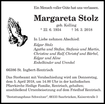 Todesanzeige von Margareta Stolz von saarbruecker_zeitung