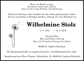 Todesanzeige von Wilhelmine Stolz von saarbruecker_zeitung