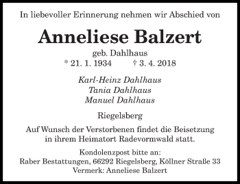 Todesanzeige von Anneliese Balzert von saarbruecker_zeitung