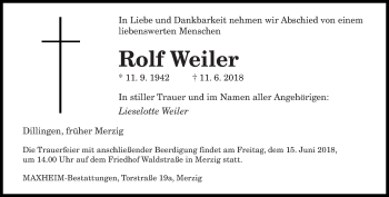 Todesanzeige von Rolf Weiler von saarbruecker_zeitung