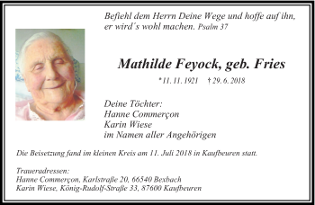 Todesanzeige von Mathilde Feyock von saarbruecker_zeitung