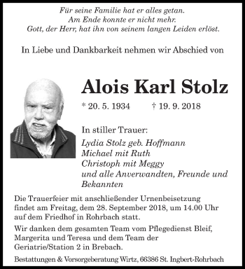 Todesanzeige von Alois Karl Stolz von saarbruecker_zeitung