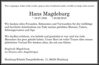 Todesanzeige von Hans Magdeburg von saarbruecker_zeitung