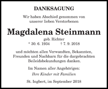 Todesanzeige von Magdalena Steinmann von saarbruecker_zeitung