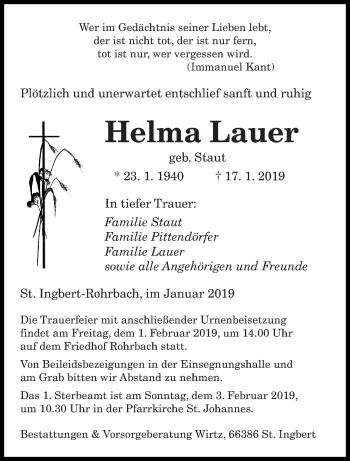 Todesanzeige von Helma Lauer von saarbruecker_zeitung