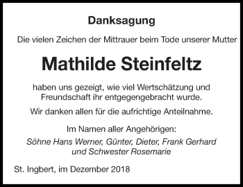 Todesanzeige von Mathilde Steinfeltz von saarbruecker_zeitung