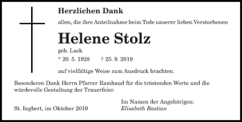 Todesanzeige von Helene Stolz von saarbruecker_zeitung