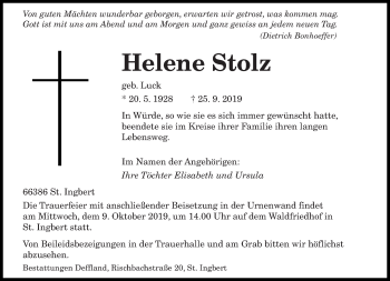 Todesanzeige von Helene Stolz von saarbruecker_zeitung