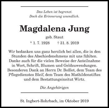 Todesanzeige von Magdalena Jung von saarbruecker_zeitung