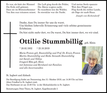 Todesanzeige von Ottilie Stummbillig von saarbruecker_zeitung