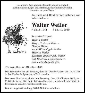 Todesanzeige von Walter Weiler von saarbruecker_zeitung